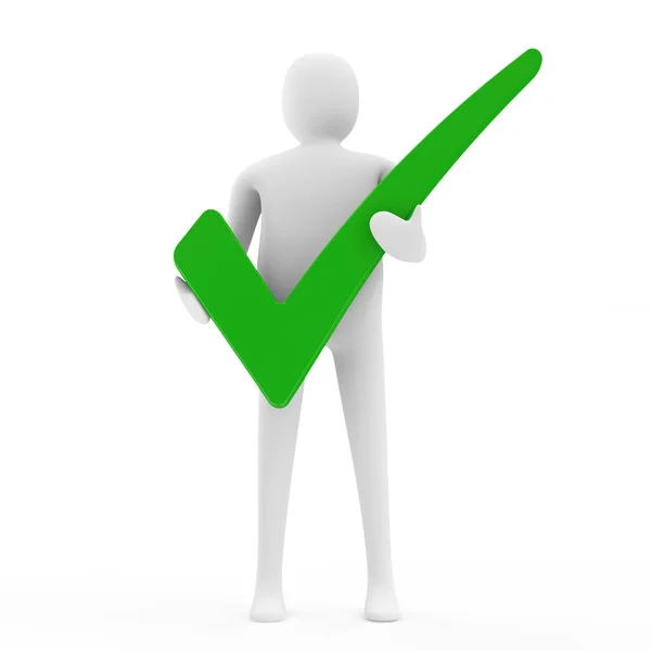 3d Man Holding a Green Check Mark — Stock Photo, Image