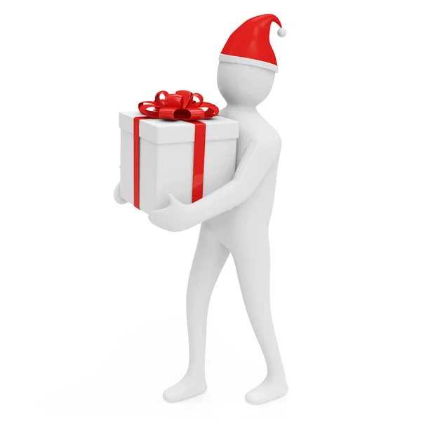 Christmas 3d Man with Gift Box isolated on white background — Stock Photo, Image