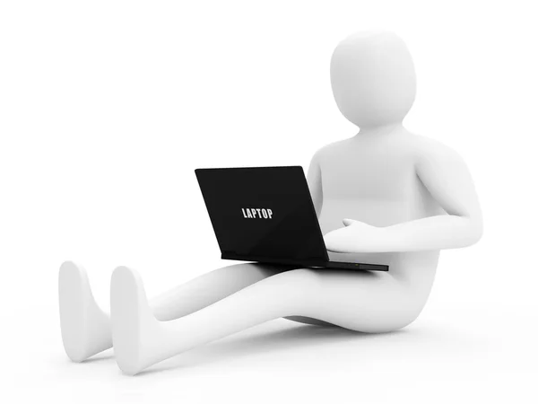 3d homem com laptop isolado no fundo branco — Fotografia de Stock