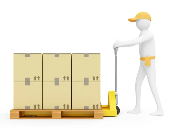 3d Man with Pallet Truck and Carton Boxes isolated on white background — Stock Photo, Image