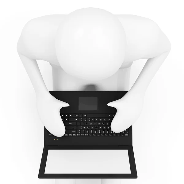 3d людина з ноутбуком ізольовано на білому тлі ( вид зверху ) — стокове фото