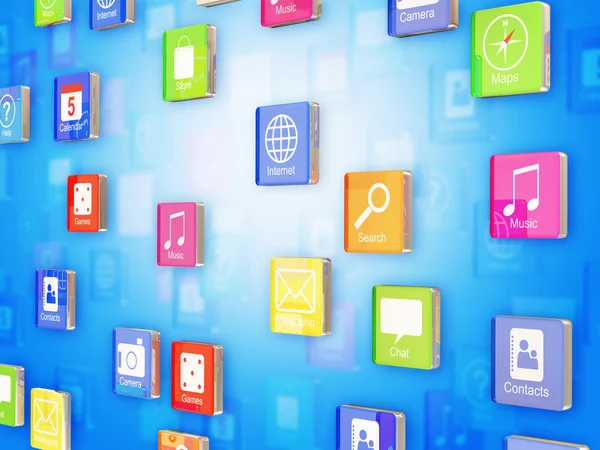 Cloud of Smartphone Application Icons on blue background