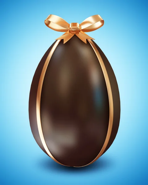 Chocolate Easter Egg with Golden Ribbon and Bow on blue background — Stock Photo, Image