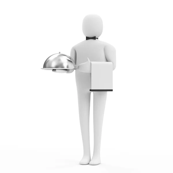 3d Man Waiter with Silver Tray isolated on white background — Stock Photo, Image