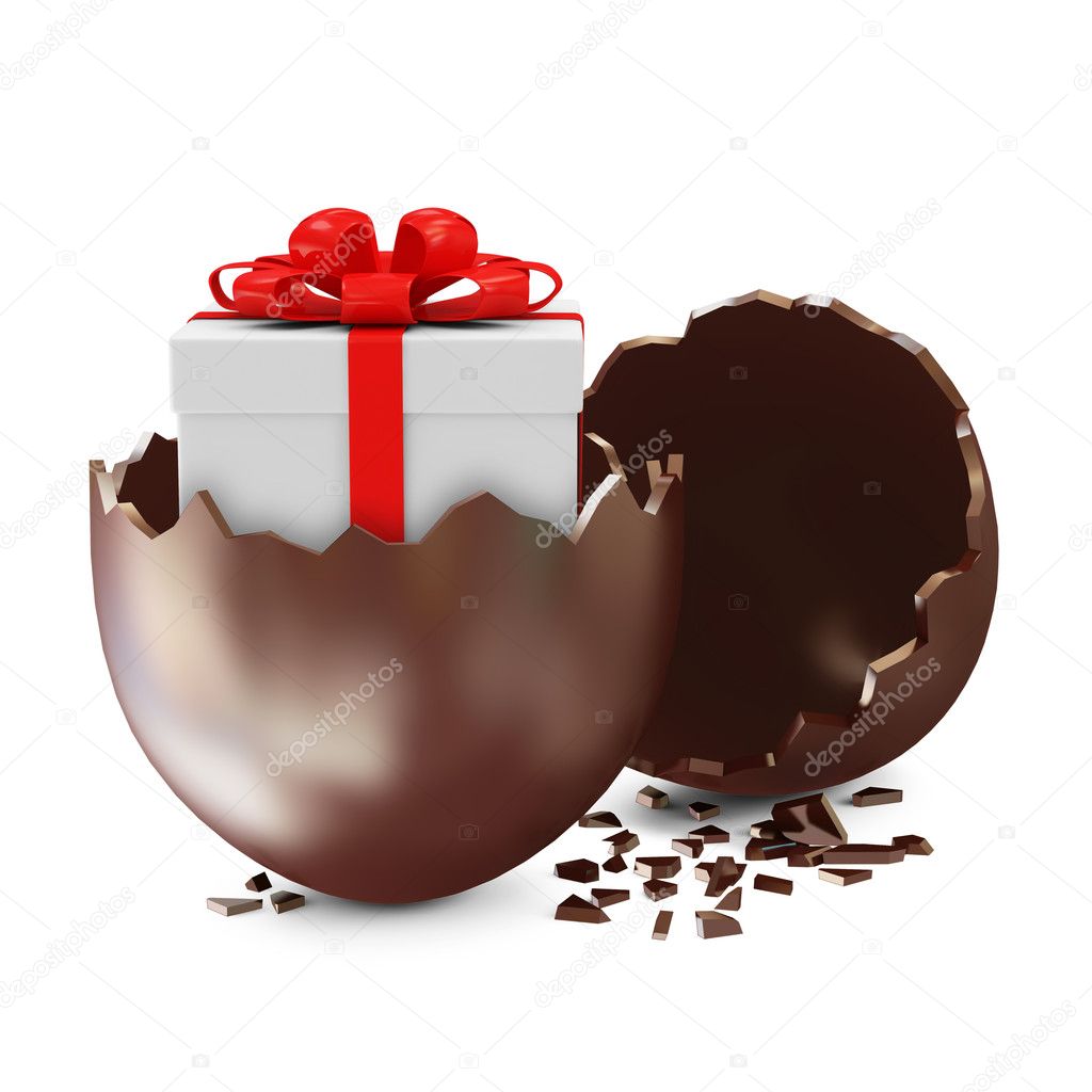 Broken Chocolate Easter Egg with Gift Box Inside over white background