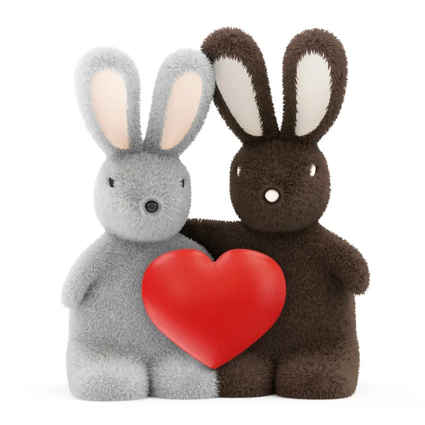 赤いハートと幸せなカップルのウサギ — ストック写真