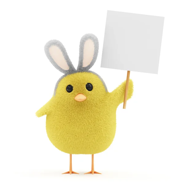 Easter Little Chicken with Bunny Ears and Blank Board — Stock Photo, Image