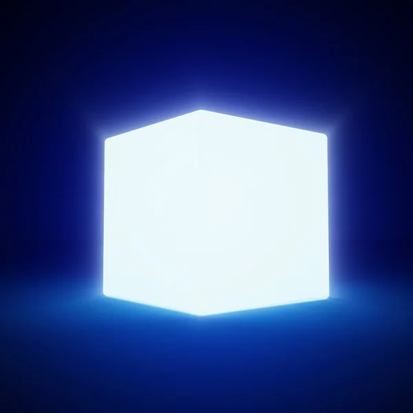 Аннотация Glowing Blank Cube на синем фоне — стоковое фото