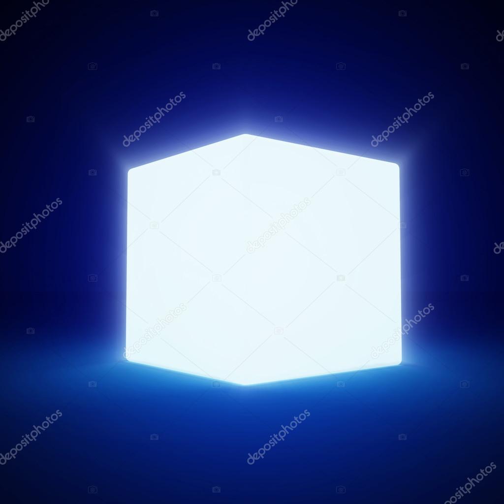 Abstract Glowing Blank Cube on blue background