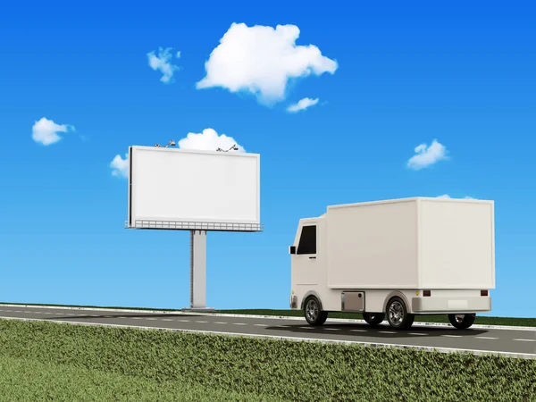 Delivery Van on the Asphalted Road with Blank Billboard — Stock Photo, Image