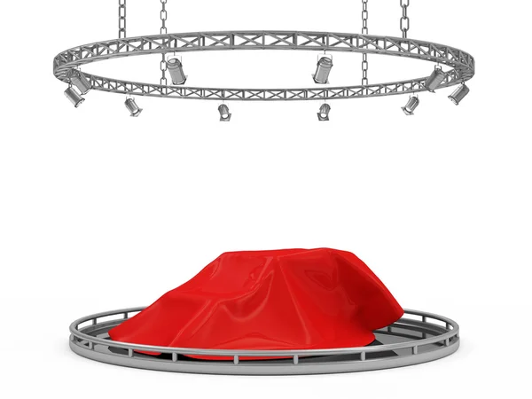 Stage Interior with Spotlights and Modern Car Covered by Red Cloth — Stock Photo, Image