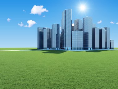 güzel yatay, güneşin ve bulutların üzerinde modern iş şehir