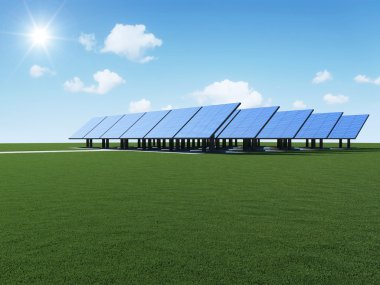 Modern Solar Panels on beautiful green grass with sun and clouds. Alternative Energy Concept clipart