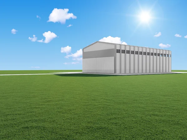 Modern Warehouse on beautiful landscape with sun and clouds — Stock Photo, Image