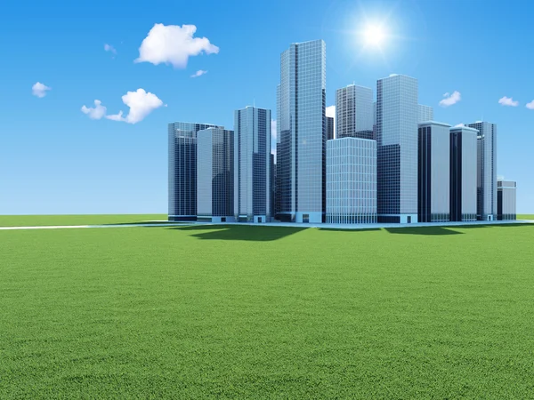 Ciudad de Negocios Moderna en hermoso paisaje con sol y nubes — Foto de Stock