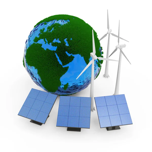 微型绿色地球行星与风车和太阳能电池板隔离在白色背景上。可替代能源的概念 — 图库照片