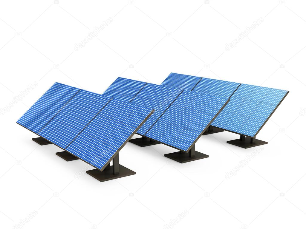 Group of Modern Solar Panels isolated on white background. Alternative Energy Concept