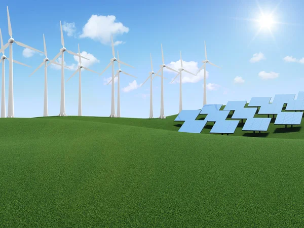 Windmolen en zonnepanelen op prachtige landschap achtergrond met wolken en de zon. alternatieve energieconcept — Stockfoto