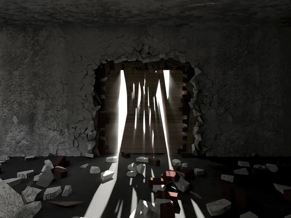 Заброшенный интерьер комнаты с солнечными лучами, прорывающимися сквозь дыры в деревянных дверях — стоковое фото