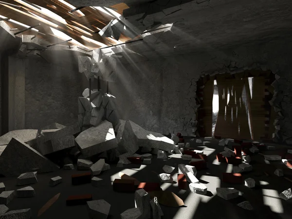 Terk edilmiş oda iç tavan deliklerden kırma güneş ışınları ile — Stok fotoğraf