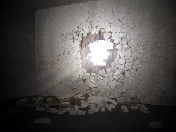 Grunge Room Interior with Sun Rays Breaking Through the Hole in the Concrete Wall — Stock Photo, Image