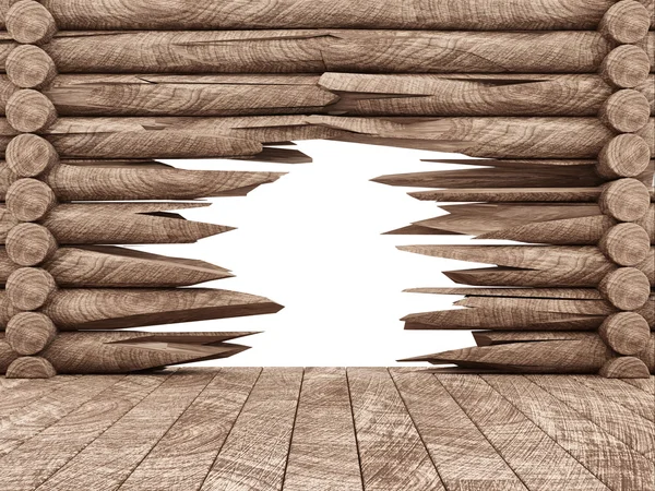 壊れたログ白い背景で隔離の空の木製ルーム インテリア — ストック写真