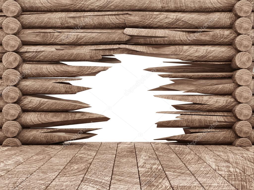 Empty Wooden Room Interior with Broken Logs isolated on white background
