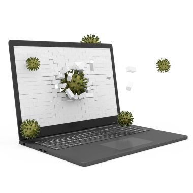dizüstü bilgisayar virüs saldırısı kavramı. laptop ile kırık tuğla perde ve virüsler