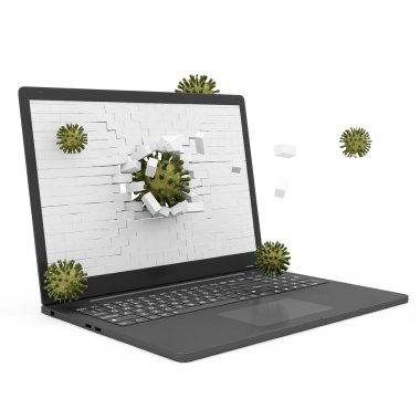 Laptop Virus Attack Concept. Laptop with Broken Brick Screen and Viruses clipart