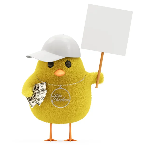 Cool Little Chicken with Blank Board isolated on white background — Stock Photo, Image