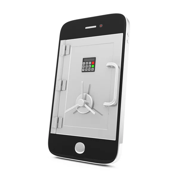 Mobil säkerhet och skydd koncept. smartphone med säker dörr isolerad på vit bakgrund — Stockfoto