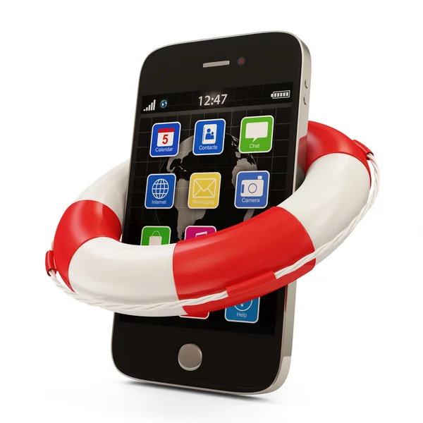 Concetto sicurezza mobile. Smartphone touchscreen con Lifebelt rosso isolato su sfondo bianco — Foto Stock