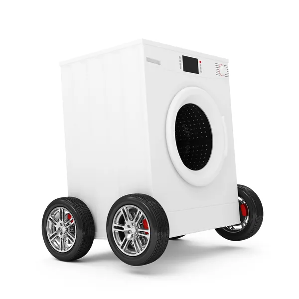 흰색 배경에 고립 된 바퀴에 세탁기 — 스톡 사진