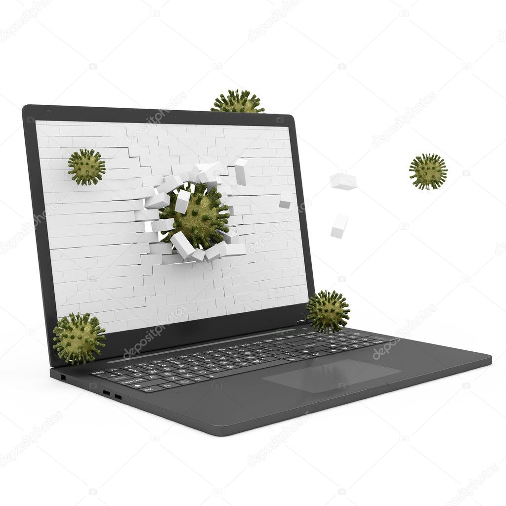 Laptop Virus Attack Concept. Laptop with Broken Brick Screen and Viruses