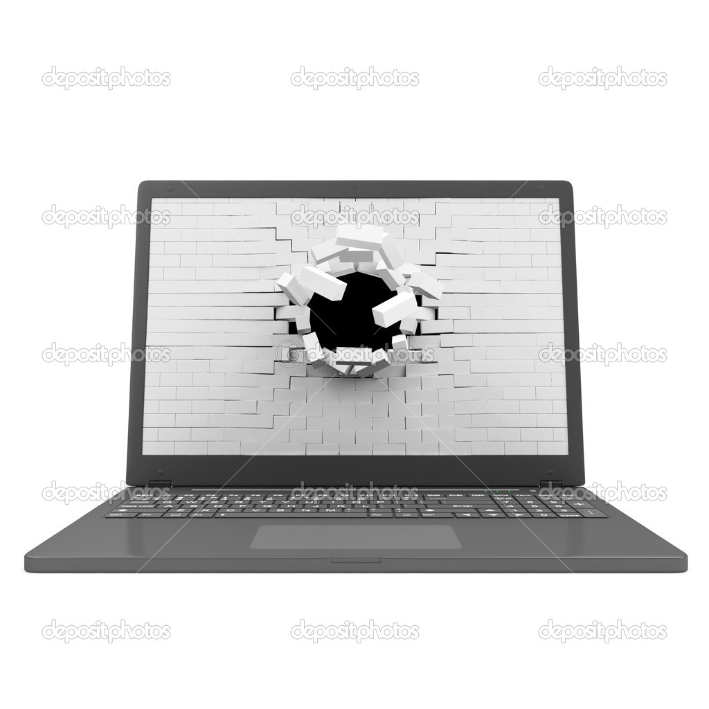 Modern Laptop with Broken Brick Screen isolated on white background