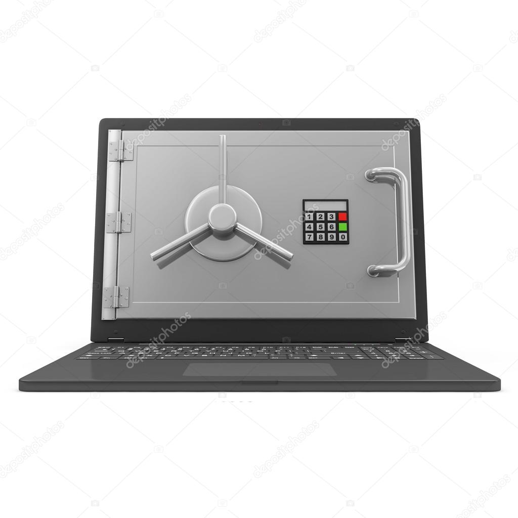 Laptop Security and Protection Concept. Laptop with Safe Door isolated on white background