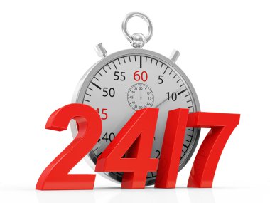 Kronometre ve 24-7 sembolü beyaz zemin üzerine ayır