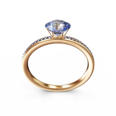 Beyaz arka plan üzerinde izole mavi Pırlantalı altın nişan yüzükleri