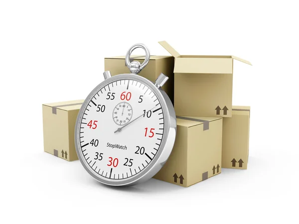 Concept de livraison express. Boîtes en carton avec chronomètre isolé sur fond blanc — Photo