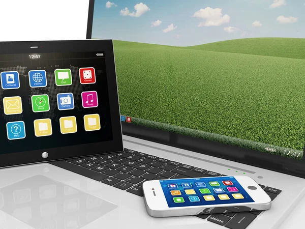 Vista macro del computer portatile, Smart Phone e Tablet PC isolato su sfondo bianco — Foto Stock