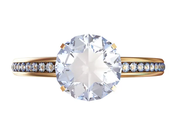 Anel de casamento dourado com diamantes azuis isolados no fundo branco. (Vista superior ) — Fotografia de Stock