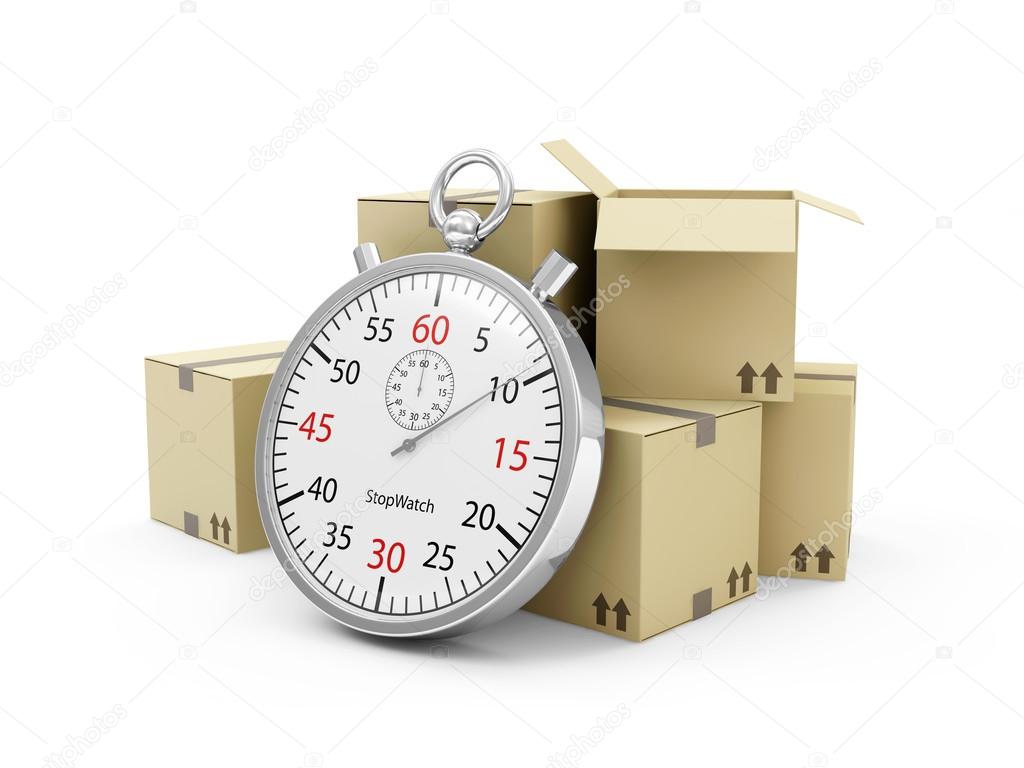 Express Delivery Concept. Cardboard Boxes with a Stopwatch isolated on white background