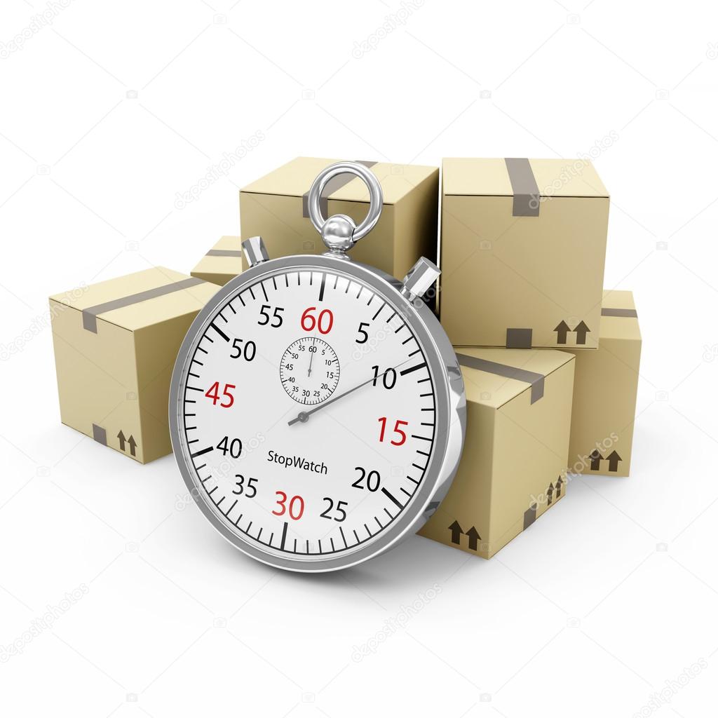 Express Delivery Concept. Cardboard Boxes with a Stopwatch isolated on white background