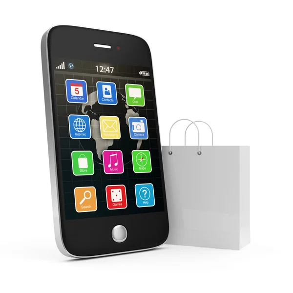 Mobilmarknaden koncept. pekskärm smartphone med shopping väska isolerad på vit bakgrund — Stockfoto