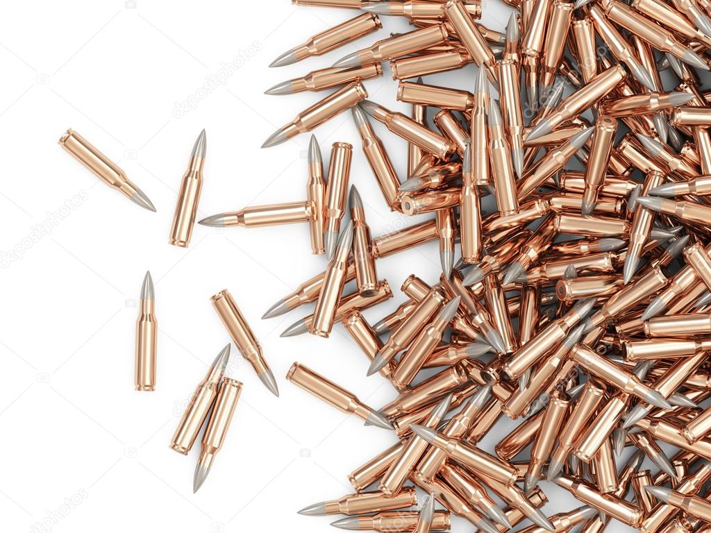 Heap of Rifle Bullets isolated on white background with place for Your text