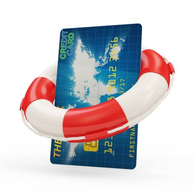 kredi kartı güvenlik ve hizmet kavramı. kredi kartı ile izole beyaz zemin üzerine kırmızı yeleğini