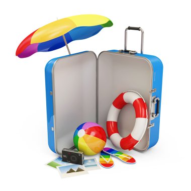 Beyaz arka plan üzerinde izole tatil için farklı aksesuarlar ile bavul