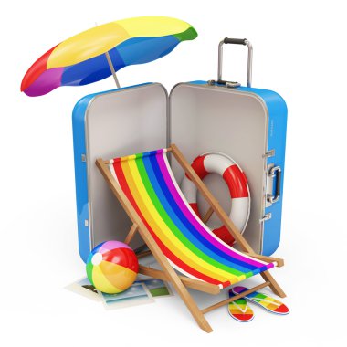 Beyaz arka plan üzerinde izole tatil için farklı aksesuarlar ile bavul