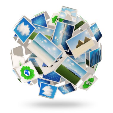 soyut küre formu farklı fotoğrafları beyaz zemin üzerine izole yapılmış.