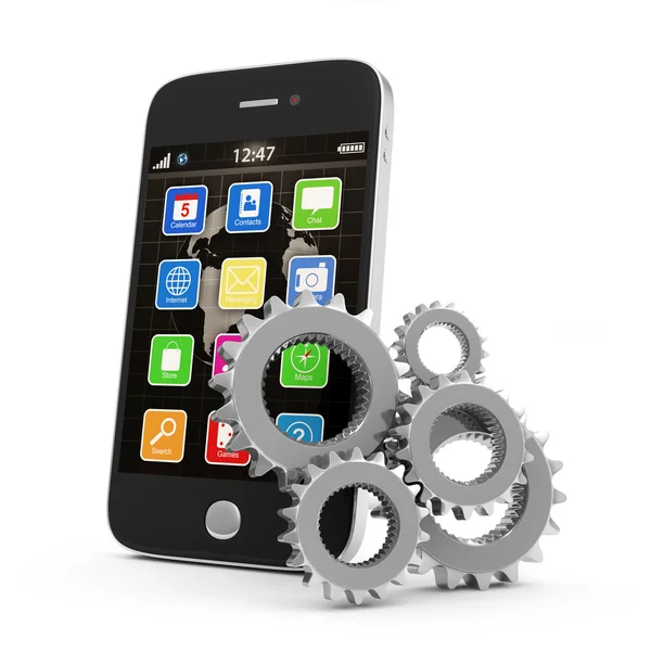 Mobiltechnologie-Konzept. Touchscreen-Smartphone mit Schaltgetriebe auf weißem Hintergrund — Stockfoto